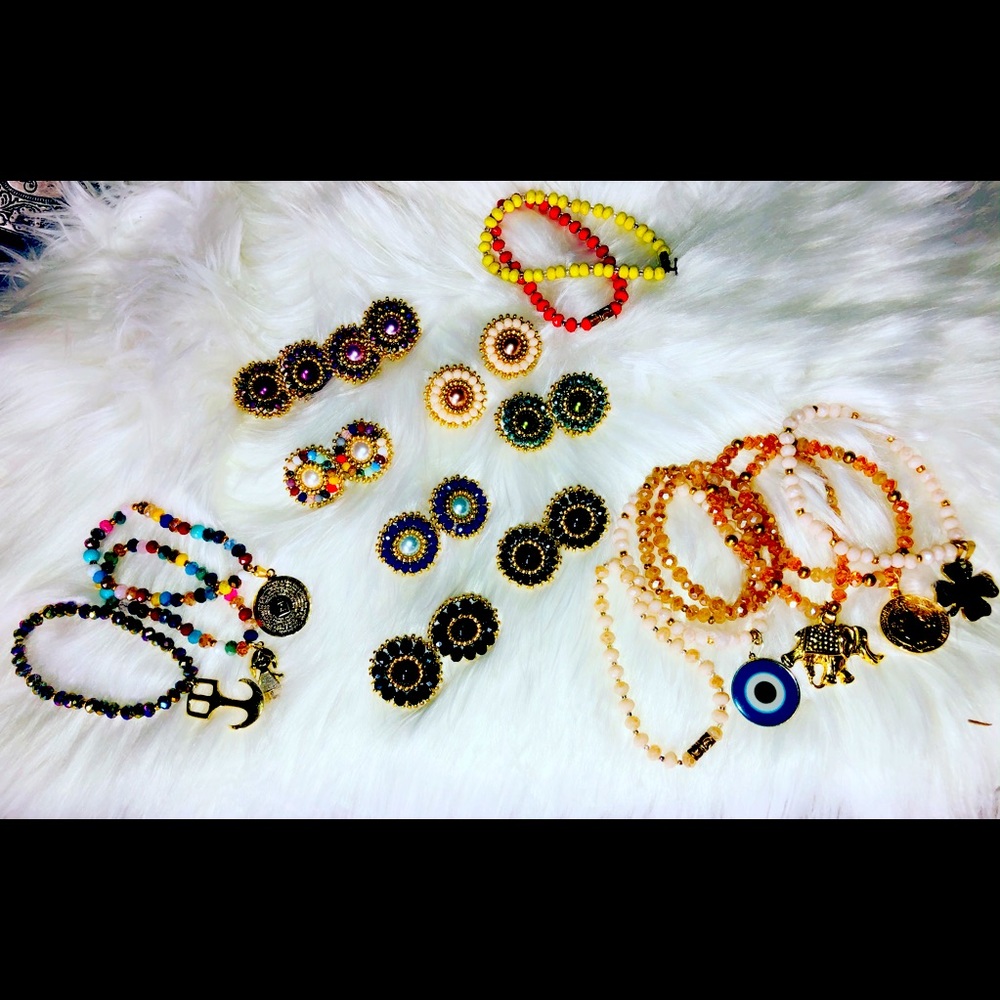 Handmade earrings and bracelets.